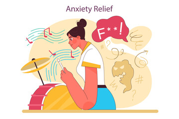 Character playing drums. Creative hobby positive effect. Drummer