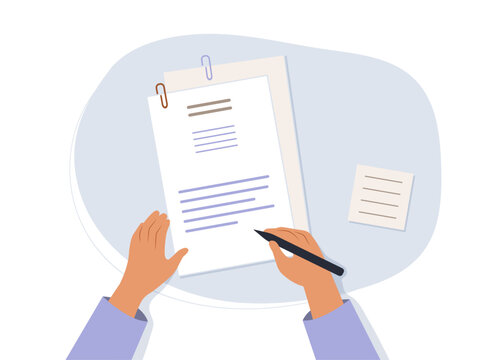 Hands holding a document and a pen. Survey, quiz, to-do list or deal concept. Vector illustration in flat style.