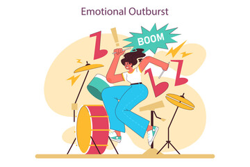 Character playing drums. Creative hobby positive effect. Drummer