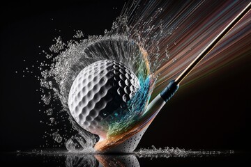 Dynamic Impact of Golf Swing: Close-Up Shot of Iron Club Striking Ball on Tee, Generative AI