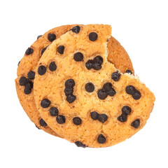A photo of a chocolate chip cookie, isolated on a white background with a clipping path, shot from the top