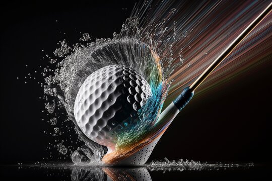 Dynamic Impact of Golf Swing: Close-Up Shot of Iron Club Striking Ball on Tee, Generative AI