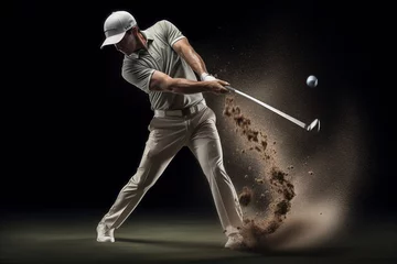 Fotobehang Golf Swing Action: Golfer Hitting Ball on Tee with Iron Club © Digital Dreamscape