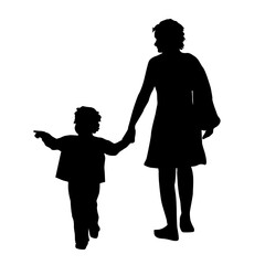 Silhouettes of a mother and her daughter walking and holding hands - 588359048