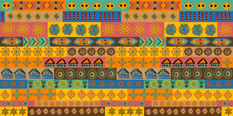 African seamless pattern with colored symbols and motifs