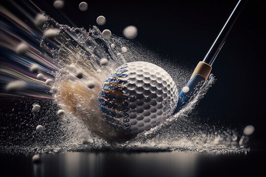 Dynamic Impact of Golf Swing: Close-Up Shot of Iron Club Striking Ball on Tee.