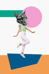 Composite photo artwork absurd head leopard collage woman dancing celebrating new clothes shopping...