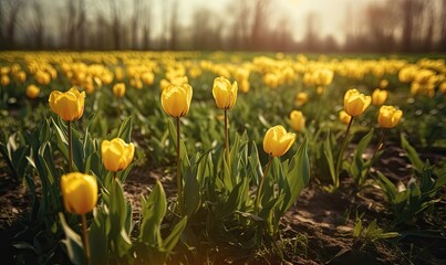 Obraz premium Yellow tulips in a summer or spring field, generative AI