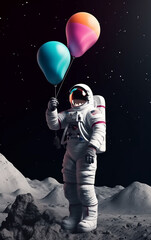 Astronaut gazes upwards, two large vibrant balloons in hand, set against a backdrop of rugged lunar terrain and a blanket of stars.