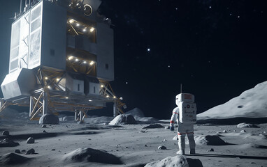 Astronaut stands near a modular space habitat on the moon, showcasing advancements in extraterrestrial living.