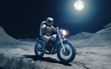 Astronaut rides a motorcycle on lunar terrain, showcasing a blend of Earthly hobbies in an alien landscape.