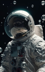 Close-up of an astronaut's helmet reflecting outer space, emphasizing detailed equipment and the vastness beyond.