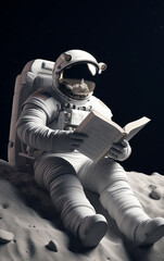 Obraz na płótnie Canvas An astronaut reads a book on the moon. Generative AI