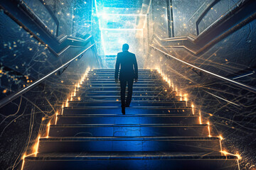 A determined businessman ascends stairs, illustrating the concept of ambition and goal pursuit