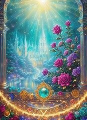 Fairytale Castle, among precious stones and jewels, generative ai art illustration 35