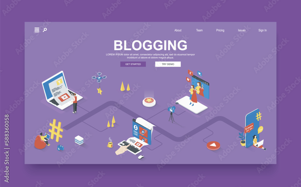 Poster blogging concept 3d isometric landing page template. people write articles, recording video and crea