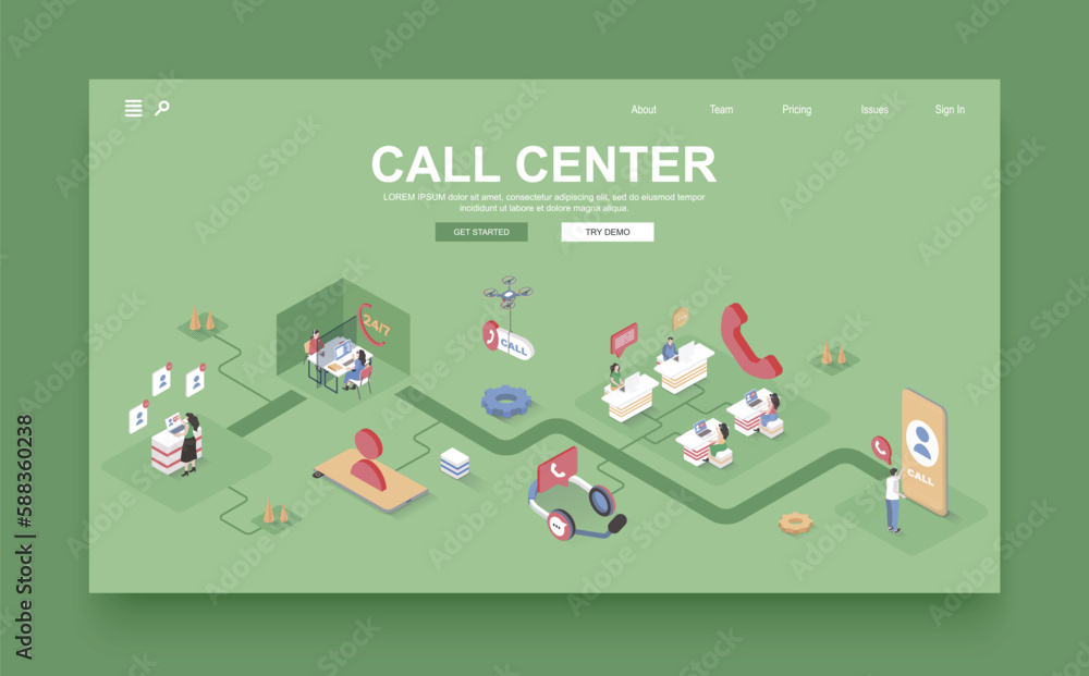 Poster call center concept 3d isometric landing page template. people work in customer support center, answ