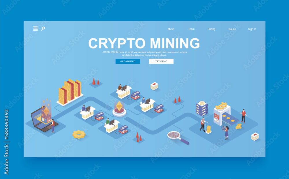 Poster cryptocurrency mining concept 3d isometric landing page template. people work on amining farm, monit