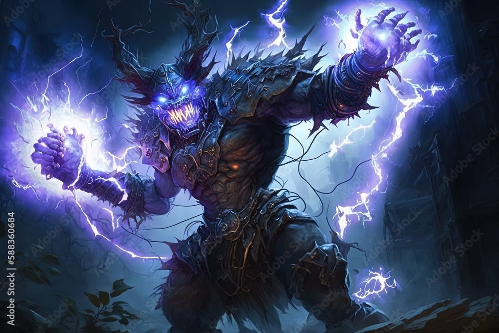 Poster flashing fetid fiend: electrifying edifice of elemental fury generative ai