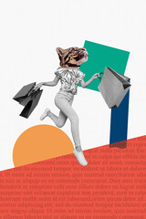 Creative promo banner collage of young headless girl running with shopping center bags leopard...