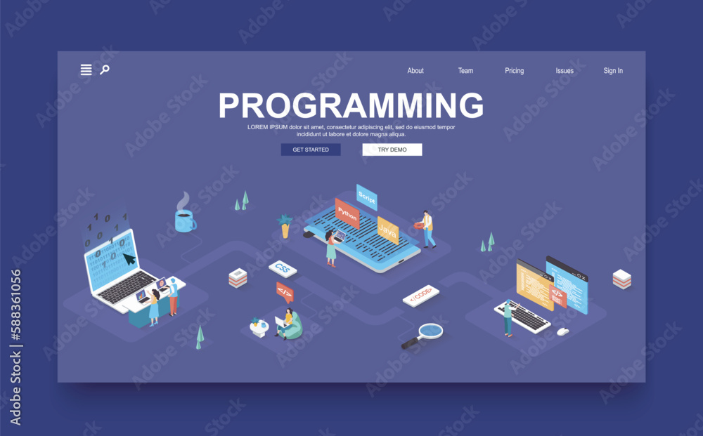 Poster programming company concept 3d isometric landing page template. people create software, writing code
