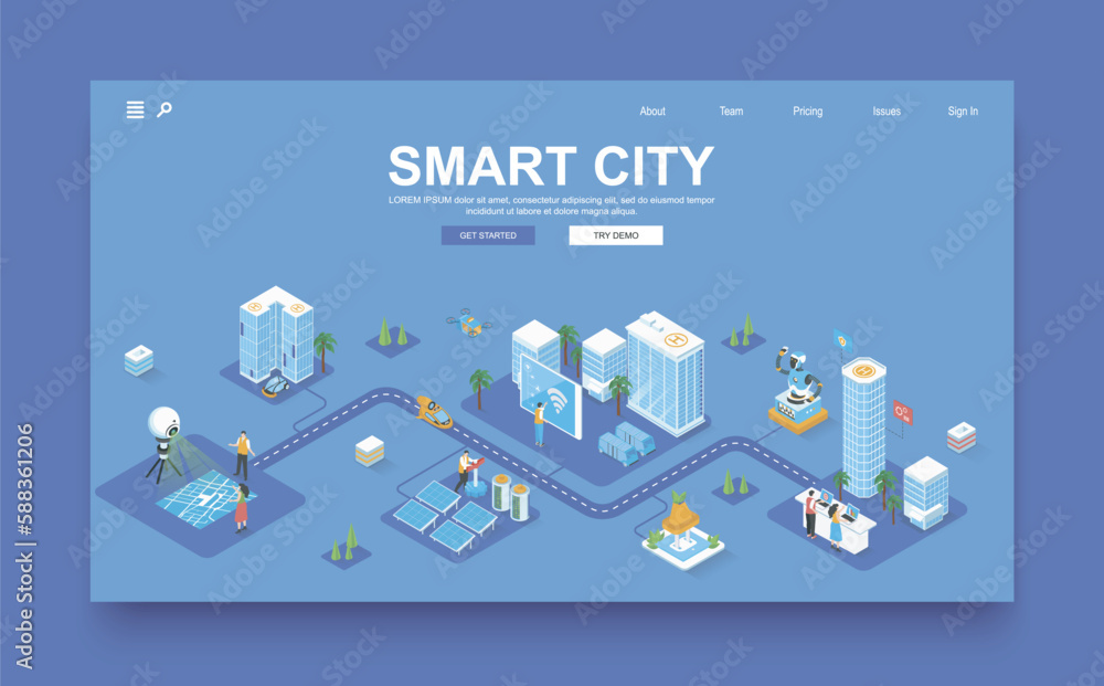 Poster smart city concept 3d isometric landing page template. people live in skyscrapers with smart automat