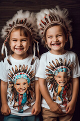 Cute smiling little boys playing indians. Generative AI