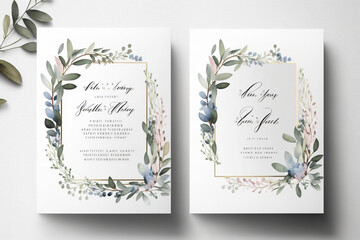 wedding invitation,thank you card ,rsvp, details,template design with watercolor greenery leaf and branch, watercolor invitation , beautiful floral wreath. Generative AI	
