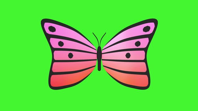 Abstract butterfly flies, flaps its wings on a green screen. Butterfly with pink iridescent wings. 3D loop animation