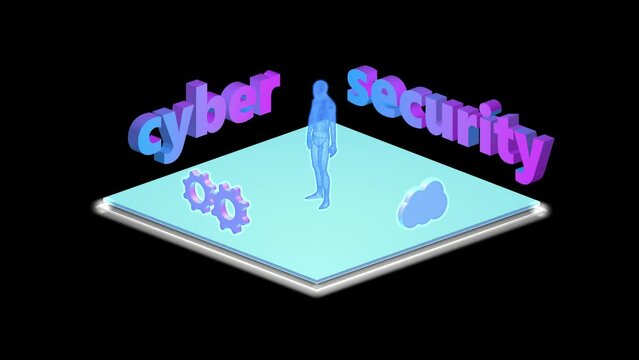 Cyber security, 3D animated scene. Security of information in social networks, storage of user data, security of secret data. Protection of strategically important sites and programs.