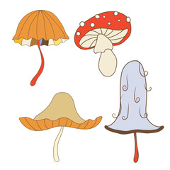 Vector illustration set of mushrooms in groovy style. Funny fly agarics and multicolor toadstools. Isolated retro elements with 70s vibes is perfect for stickers, prints, posters