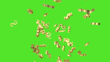 Gold dollar symbol. 3D animation of a falling dollar on a green screen. Finance and business concept, dollar exchange rate.