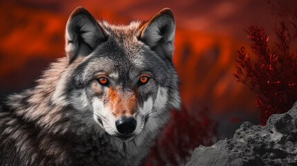 Wolf in vulcanic landscape Generated AI Illustration