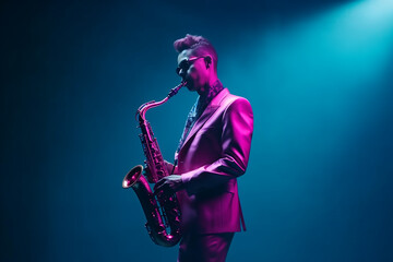 jazz musician man playing the saxophone on neon blue-pink light  background ,Generative AI - obrazy, fototapety, plakaty