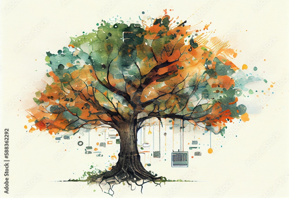 Poster watercolor illustration of a tech tree, abstract data technology and data science illustration. gene