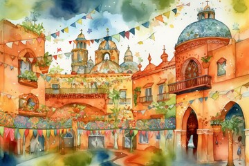 Cinco de Mayo celebration in a traditional Mexican town square created with Generative AI technology