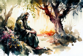 Watercolor Illustration of a Jesus Praying In The Garden Of Gethsemane Oil Painting. Generative AI