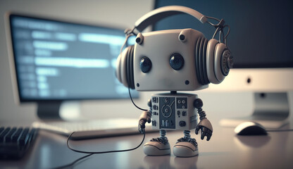 Cute chatbot wear headphone is on phone line and talking to customer , Chatbot GPT , Online marketing, Generative AI