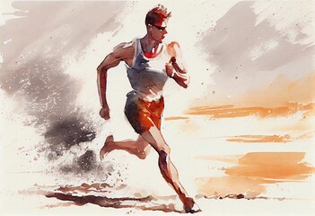 Watercolor Illustration of a Athletic Running On The Beach. Generative AI