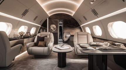 Fototapeta premium Modern business jet aircraft interior cabin view. Generative AI