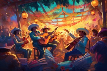 Cinco de Mayo mariachi band performing on an outdoor stage created with Generative AI technology