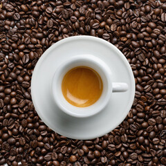 Espresso Coffee from Italy, top view background of coffee beans. – Original Creamy Arabica Coffee in Traditional White Marble Cup, with Shadow, Focus on Cream – Detailed Close-Up Macro,