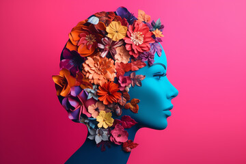 woman is decorate her head by colorful flower on pink background , Generative AI