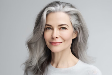 Naklejka premium Portrait of 50 years old Beautiful Woman with Clean Fresh Skin Bridal makeup look, wellness , wrinkle skincare and beauty , Generative AI