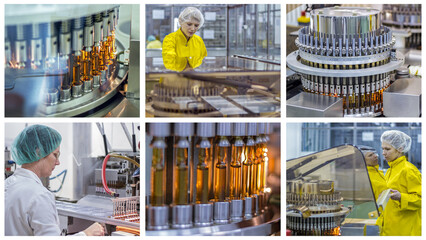 Ampule Medications and Vaccine Manufacturing - Photo Collage. Medical Ampoules On The Production...
