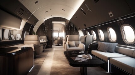 Modern business jet aircraft interior cabin view. Generative AI