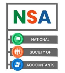 Fototapeta premium NSA - National Society of Accountants acronym. business concept background. vector illustration concept with keywords and icons. lettering illustration with icons for web banner, flyer