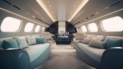 Fototapeta premium Modern business jet aircraft interior cabin view. Generative AI