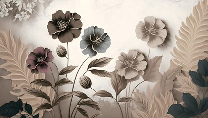 Fototapety  3d mural wallpaper. painting flowers and leaves on a light texture drawing background. for wall decor, Generative AI