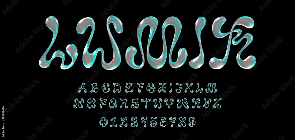 Poster y2k futuristic 3d effect font featuring letters and numbers with melted chrome metal effect and neon